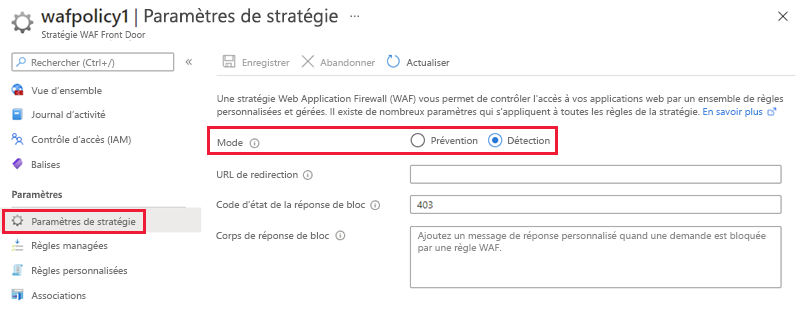 Capture d’écran des modes d’une stratégie WAF.