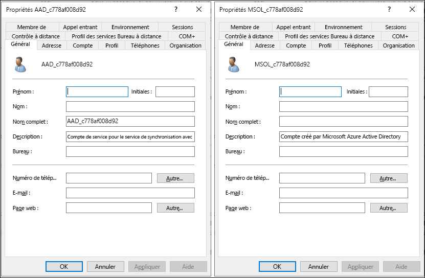 Capture d’écran montrant Utilisateurs et ordinateurs Active Directory. L’administrateur a ouvert deux comptes : MSOL_c778af008d92 et AAD_c778af008d92. L’onglet Général est sélectionné pour les deux comptes. 