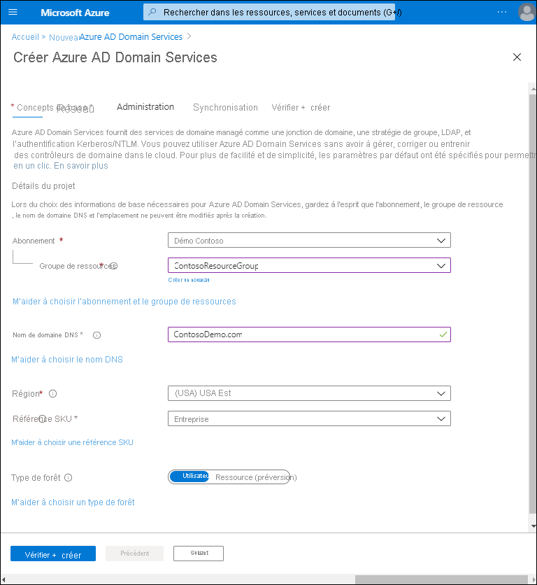 Capture d’écran de l’onglet Informations de base de l’Assistant Créer Microsoft Entra Domain Services dans le Portail Azure. Les paramètres ont été définis de la façon suivante : le groupe de ressources est ContosoResourceGroup, le nom de domaine DNS est ContosoDemo.com et la référence SKU est Enterprise.