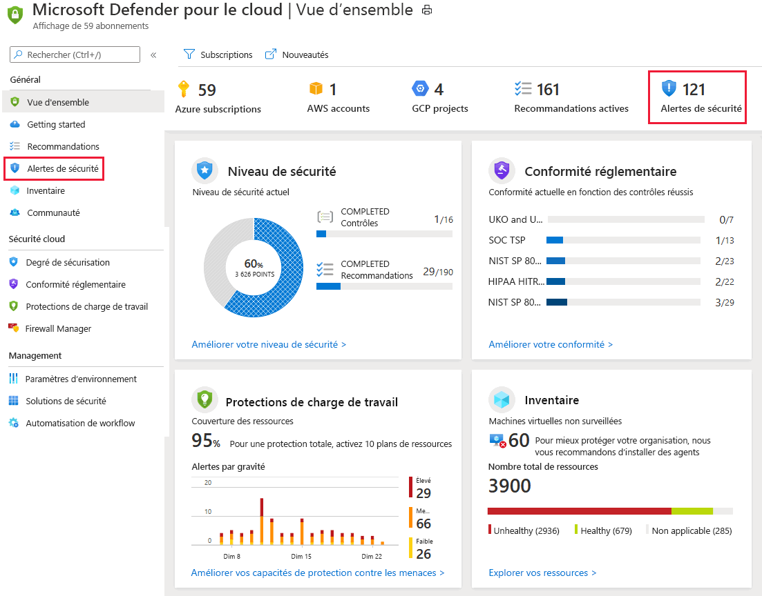 Capture d’écran illustrant un exemple sur la procédure d’affichage des alertes de sécurité dans la page de présentation de Defender pour le cloud.