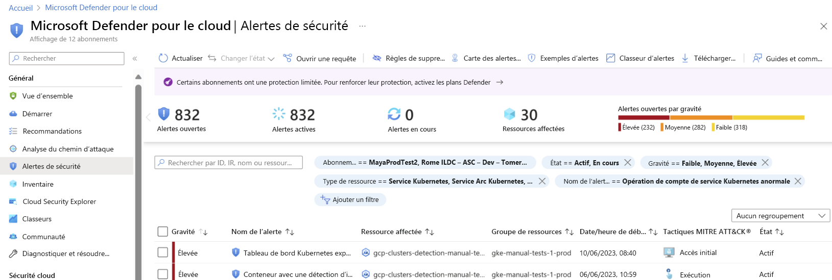 Capture d’écran illustrant un exemple sur la procédure d’affichage des alertes de sécurité pour une charge de travail de runtime dans les clusters.