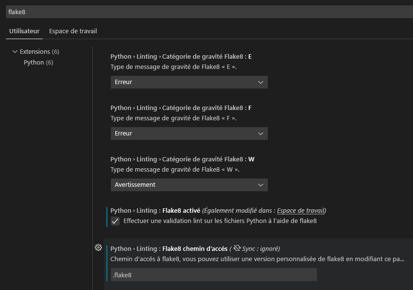 Capture d’écran de la configuration de Flake8 dans Visual Studio Code.