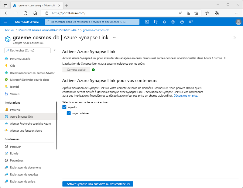 Screenshot showing the Azure Synapse Link page in the Azure portal, with an existing container selected and the Enable Synapse Link on your container button enabled.