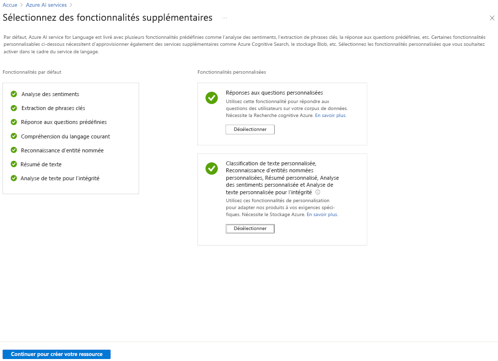 Capture d’écran montrant la création d’un service de langage dans le portail Azure.