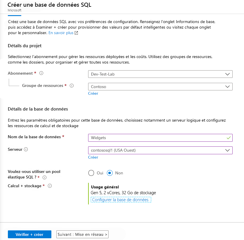 Create SQL Database blade of Azure portal