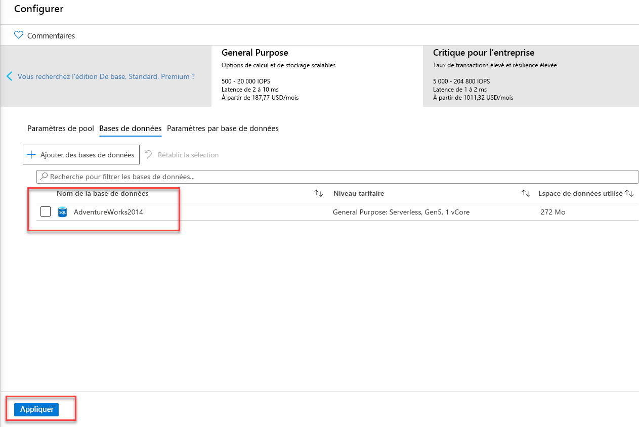 The Final Screen to add a database to an elastic pool