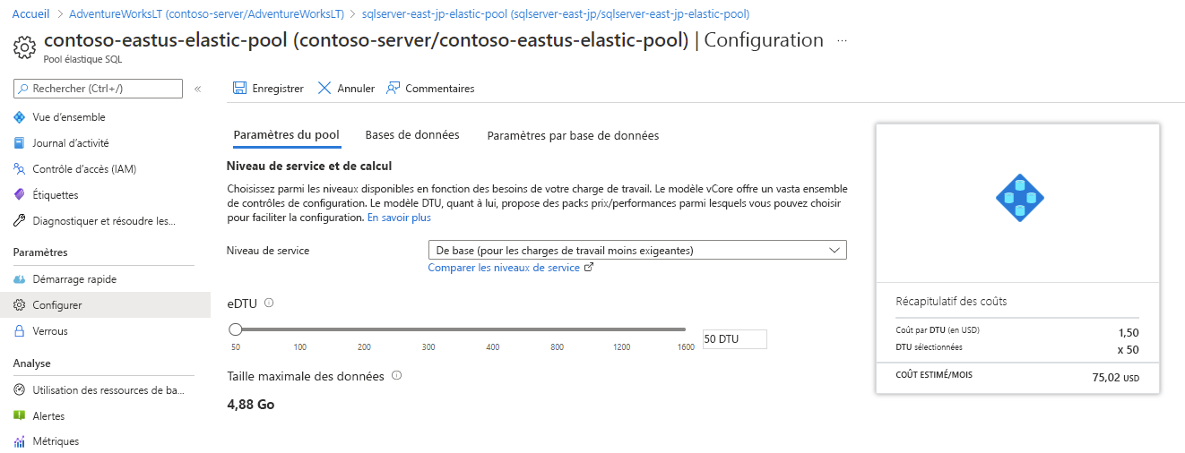 The Azure portal page showing Elastic Pool Configuration