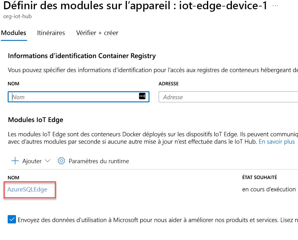 The IoT Edge Modules list displays with the AzureSQLEdge module highlighted.