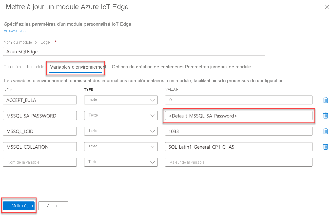 The IoT Edge Module Environment Variables tab is selected along with the value for MSSQL_SA_PASSWORD. The Update button is highlighted.