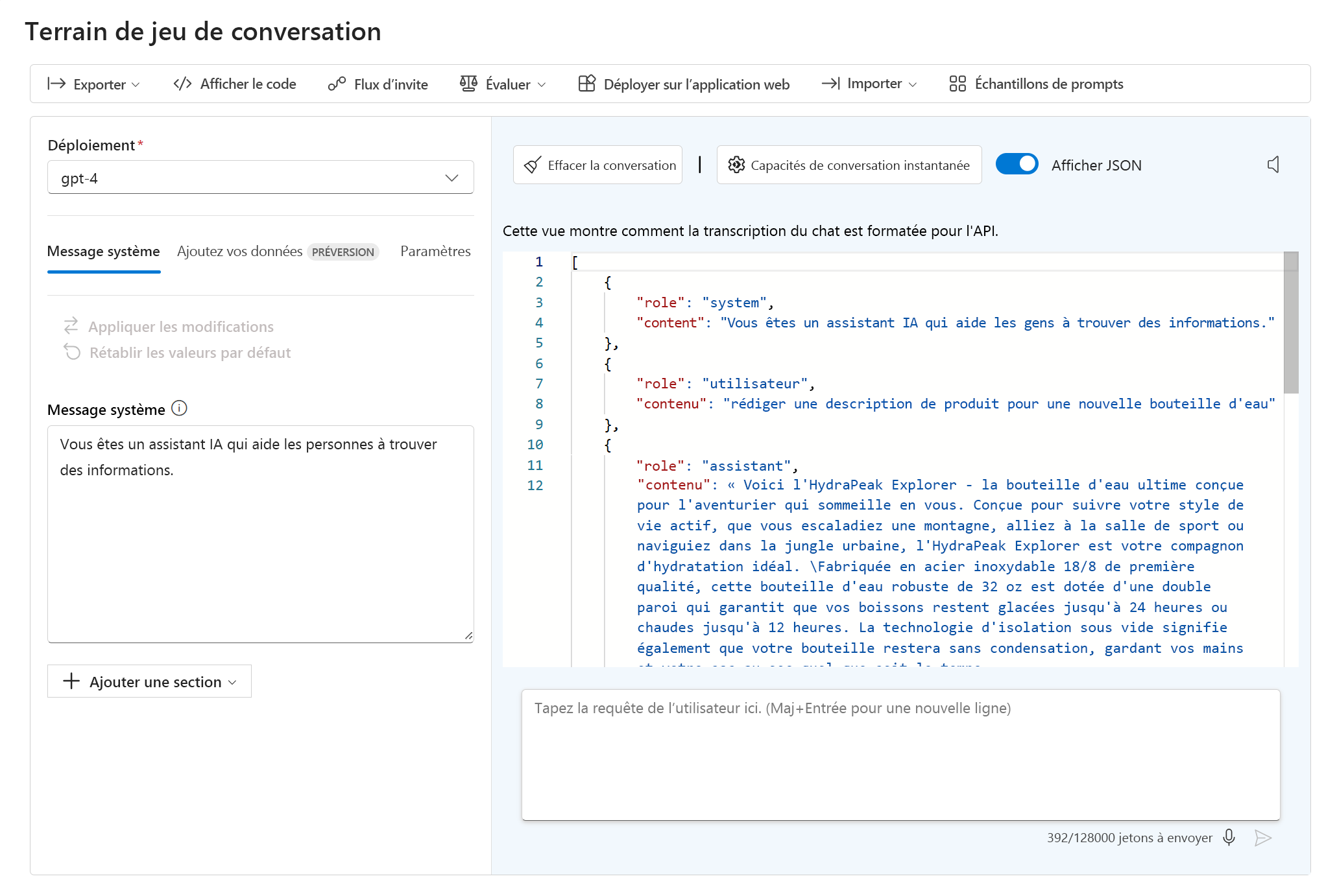 Capture d’écran affichant la sortie JSON d’une conversation dans le terrain de jeu de conversation.