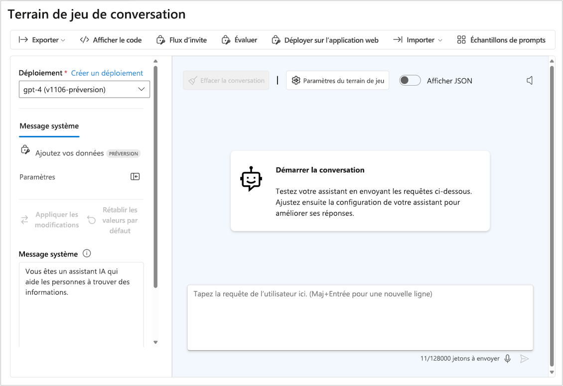 Capture d’écran montrant le terrain de jeu de conversation dans Azure AI Foundry.