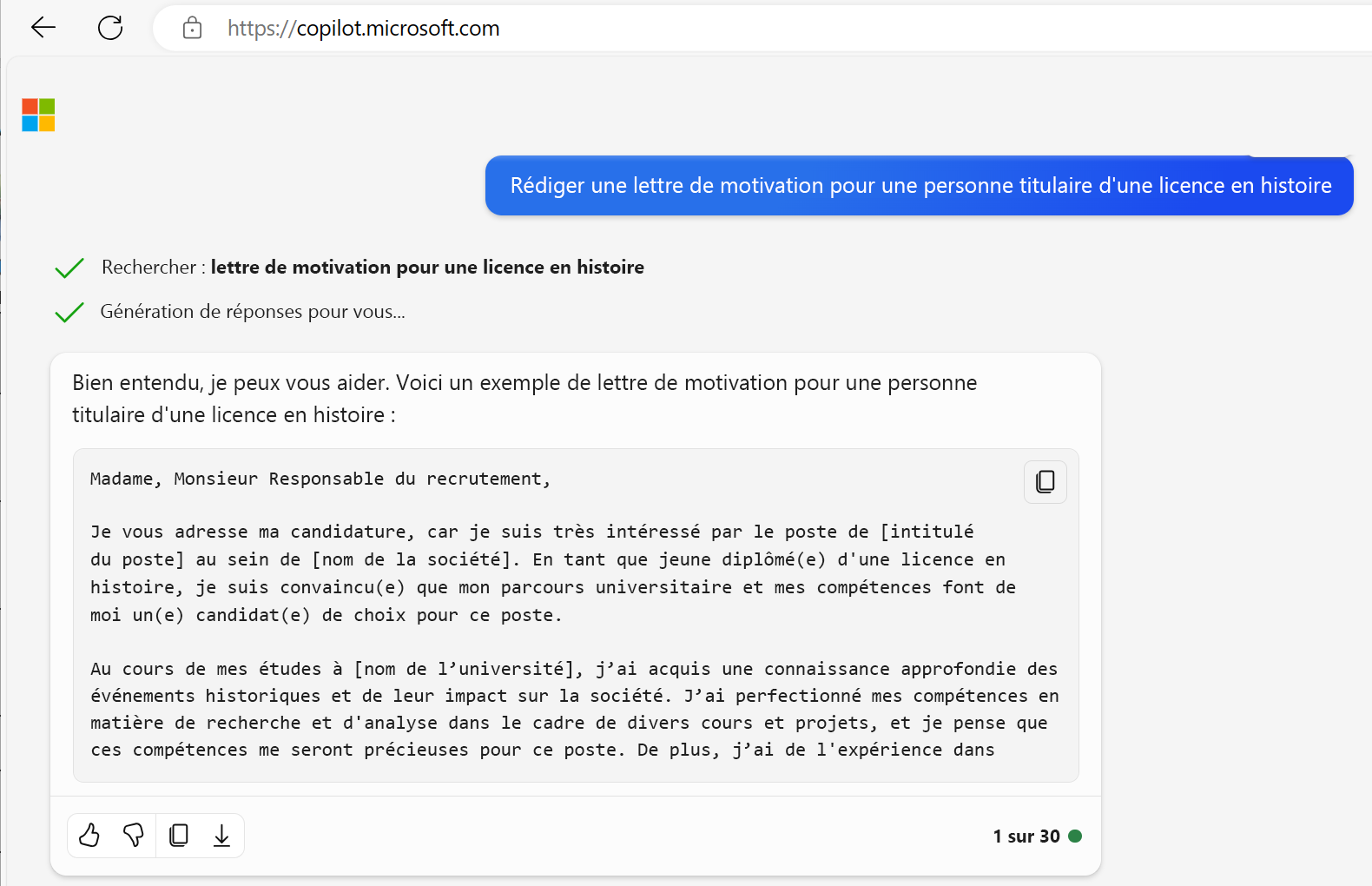 Capture d’écran d’une lettre d’accompagnement générée par l’IA pour une personne ayant une licence en histoire.