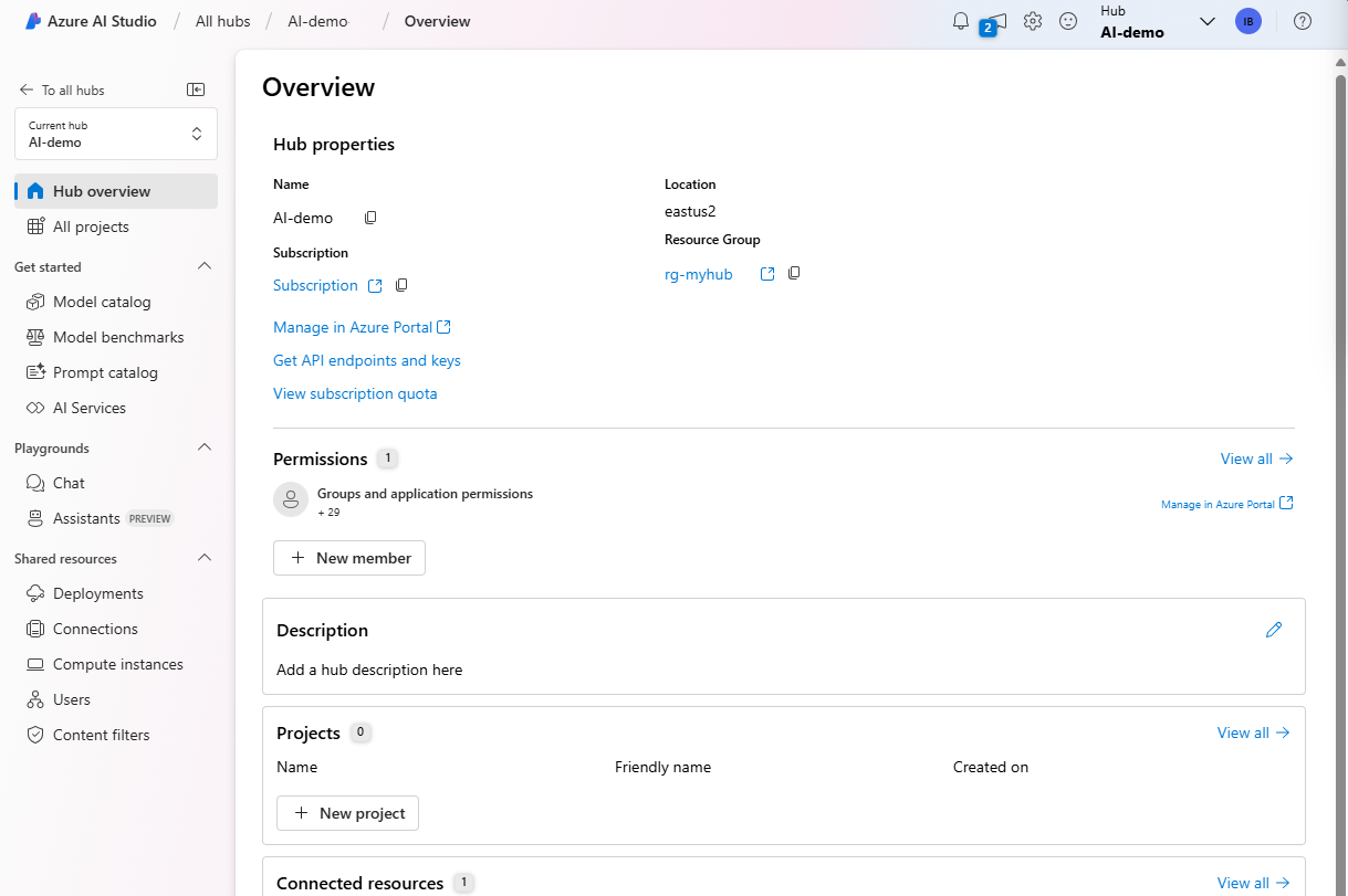 Capture d’écran d’un hub d’IA dans Azure AI Studio.