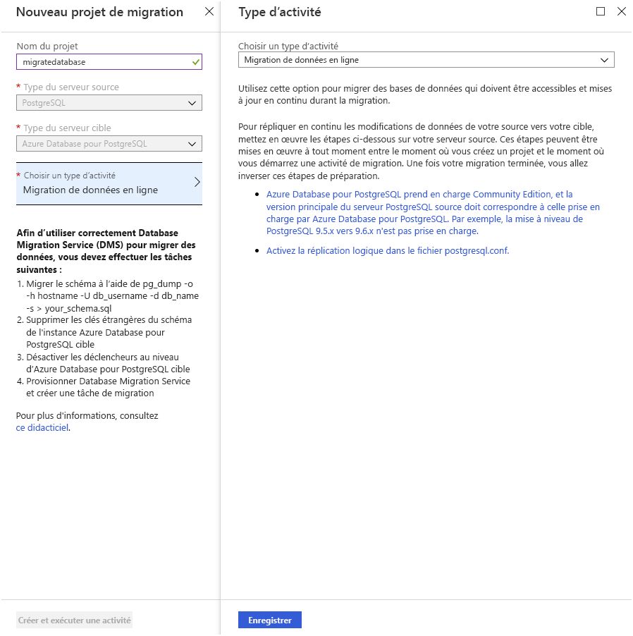 Image montrant les propriétés et les instructions du projet de migration.