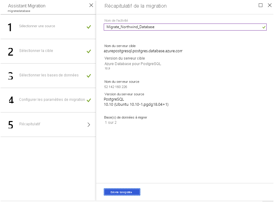 Image montrant la page Récapitulatif de la migration.