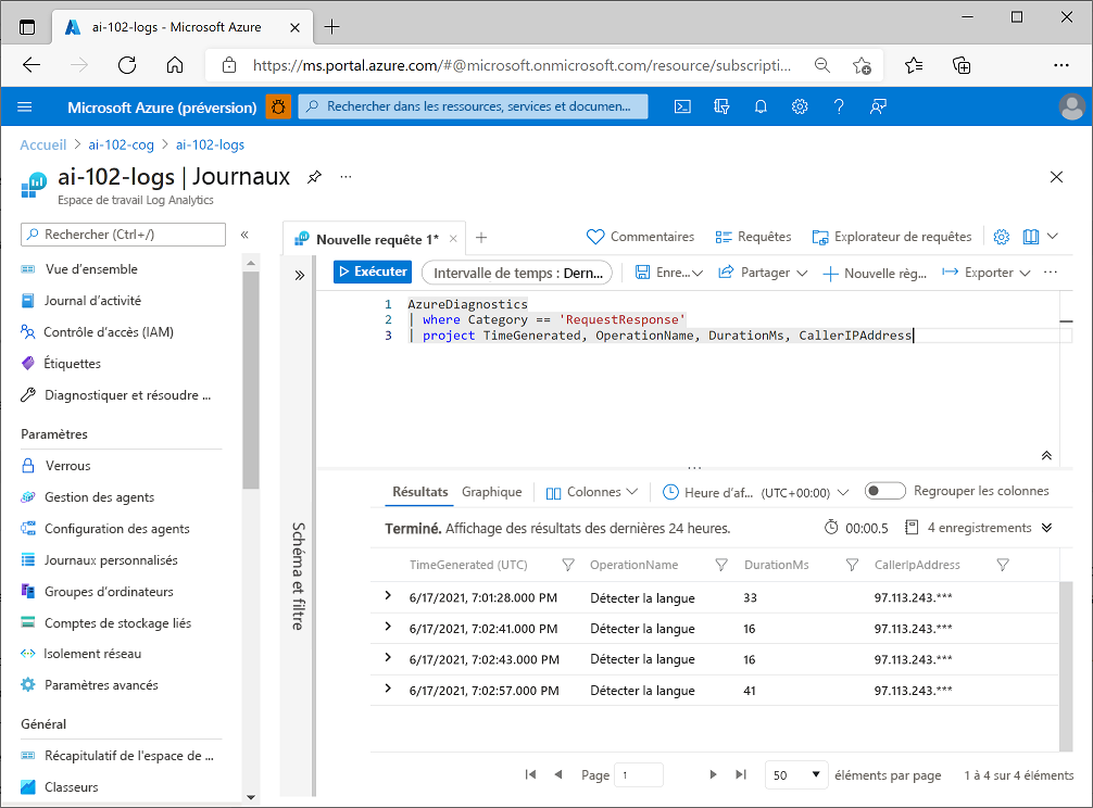 A screenshot of an Azure log Analytics query returning diagnostic data logged for an Azure AI services resource.