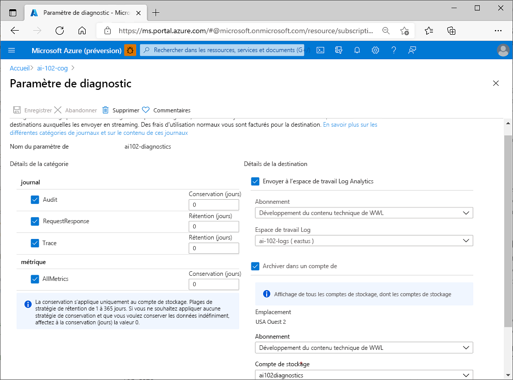 A screenshot of diagnostic settings for an Azure AI services resource.