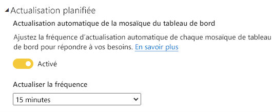 Capture d’écran de l’actualisation automatique de la vignette de tableau de bord configurée, avec une fréquence d’actualisation définie sur 15 minutes.