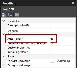 Capture d’écran de la propriété d’actualisation automatique du rapport définie sur 60 secondes.