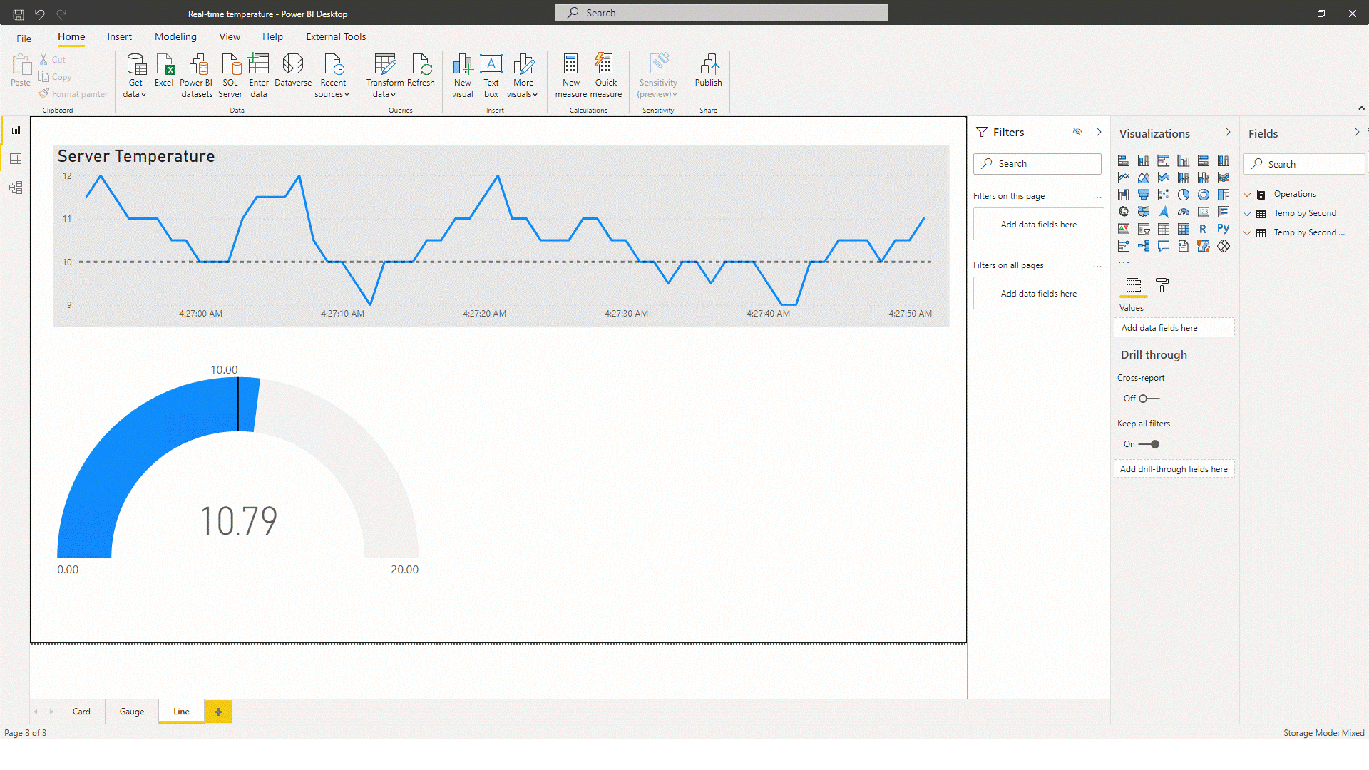 L’image animée montre un rapport Power BI en temps réel pour la température du serveur comprenant un visuel de graphique en courbes et un visuel de jauge.