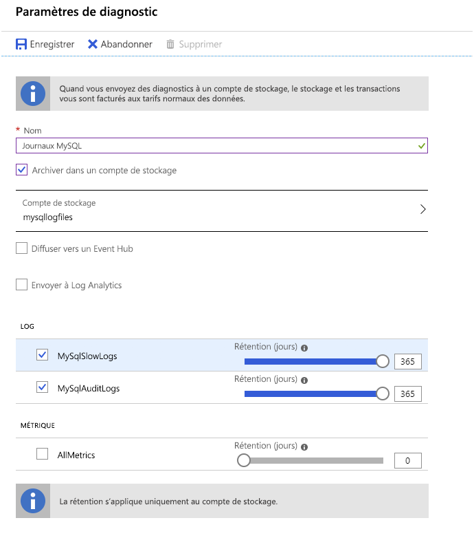 Image of the Diagnostic settings page for Azure Database for MySQL.