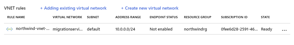 Image showing the virtual network rules for Azure Database for MySQL or PostgreSQL