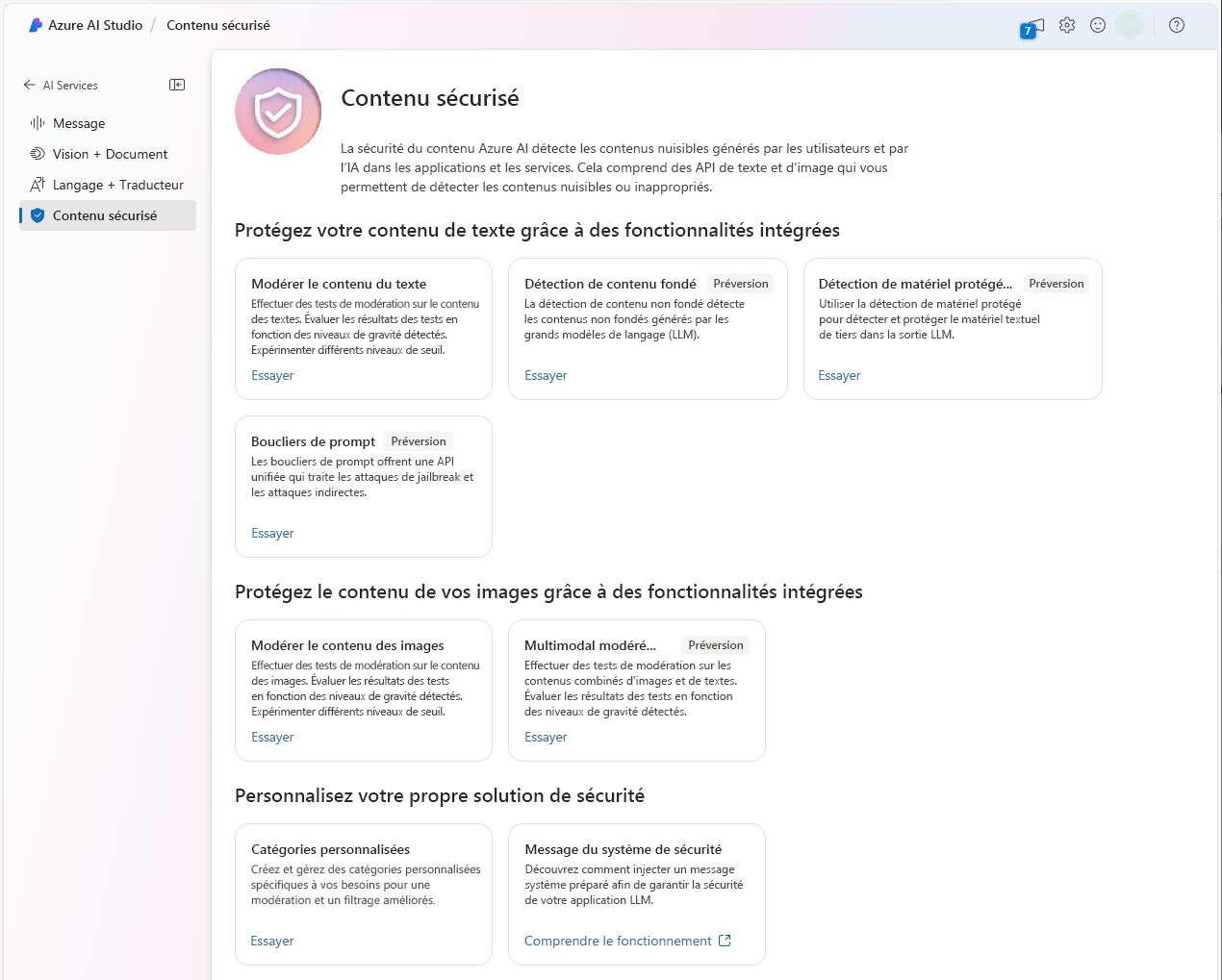 Capture d’écran de Sécurité du Contenu Studio dans Azure AI Studio.