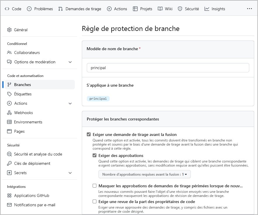 Capture d’écran de la configuration d’une règle de protection de branche dans GitHub.