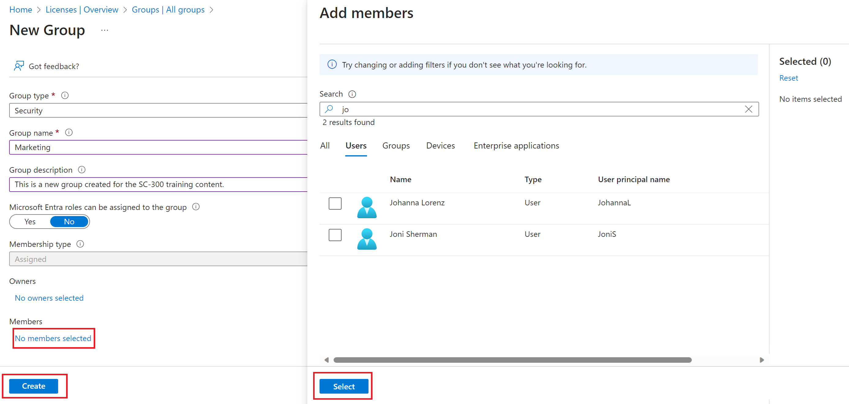 Screenshot of the new group creation page in Microsoft Entra ID. The New Group page has the Group type, Group name, Owners, and Members highlighted. Chris Green is being added to the group as it is being created.