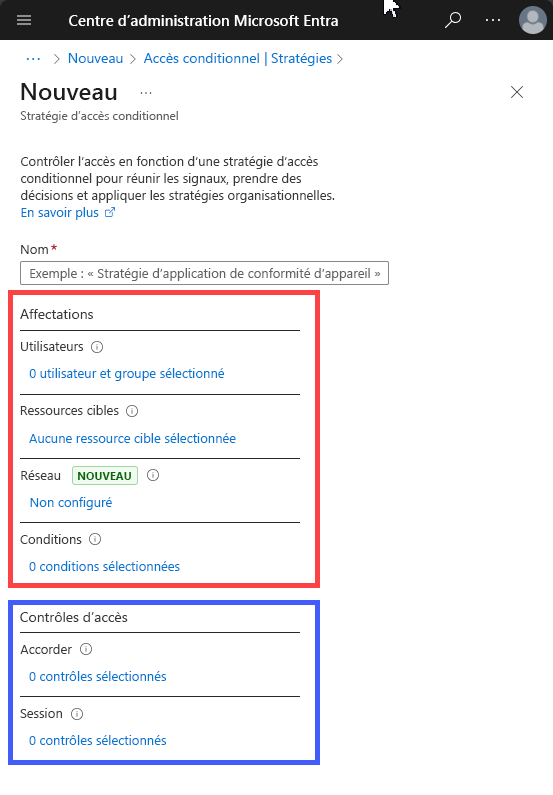 Capture d’écran montrant les deux composants d’une stratégie d’accès conditionnel, les affectations et les contrôles d’accès.