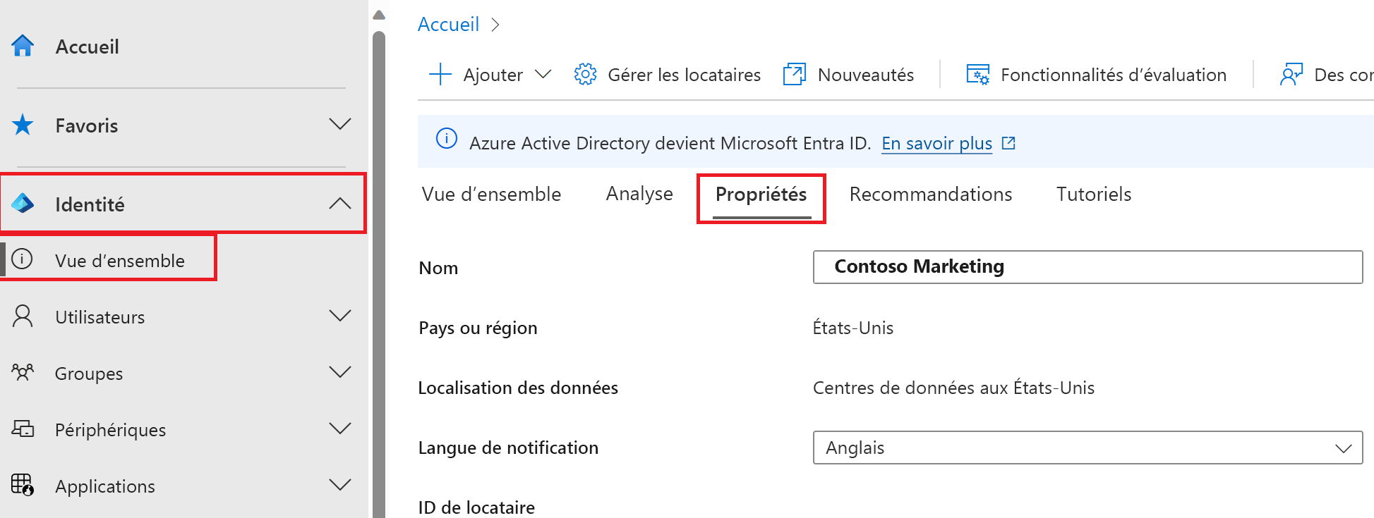 Capture d’écran des propriétés de Microsoft Entra ID avec les valeurs de Pays ou région mises en évidence.