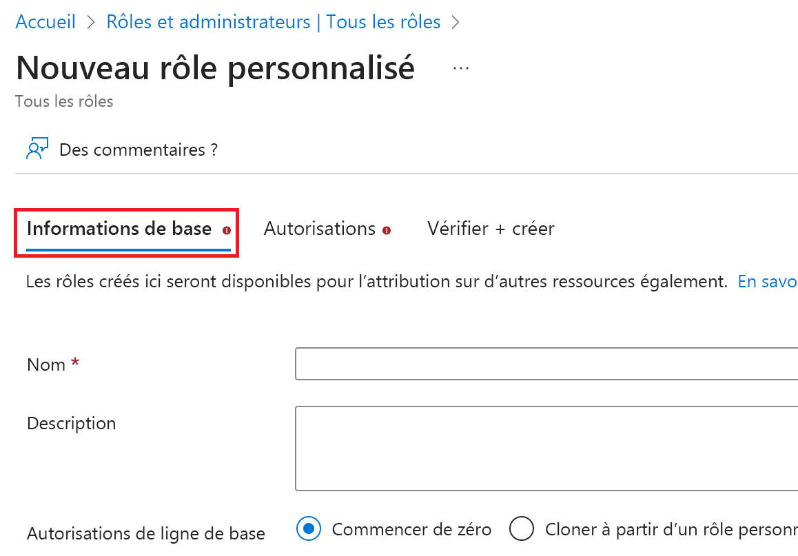 Capture d’écran de l’onglet de base. Vous fournissez un nom et une description pour un rôle personnalisé sous l’onglet De base.