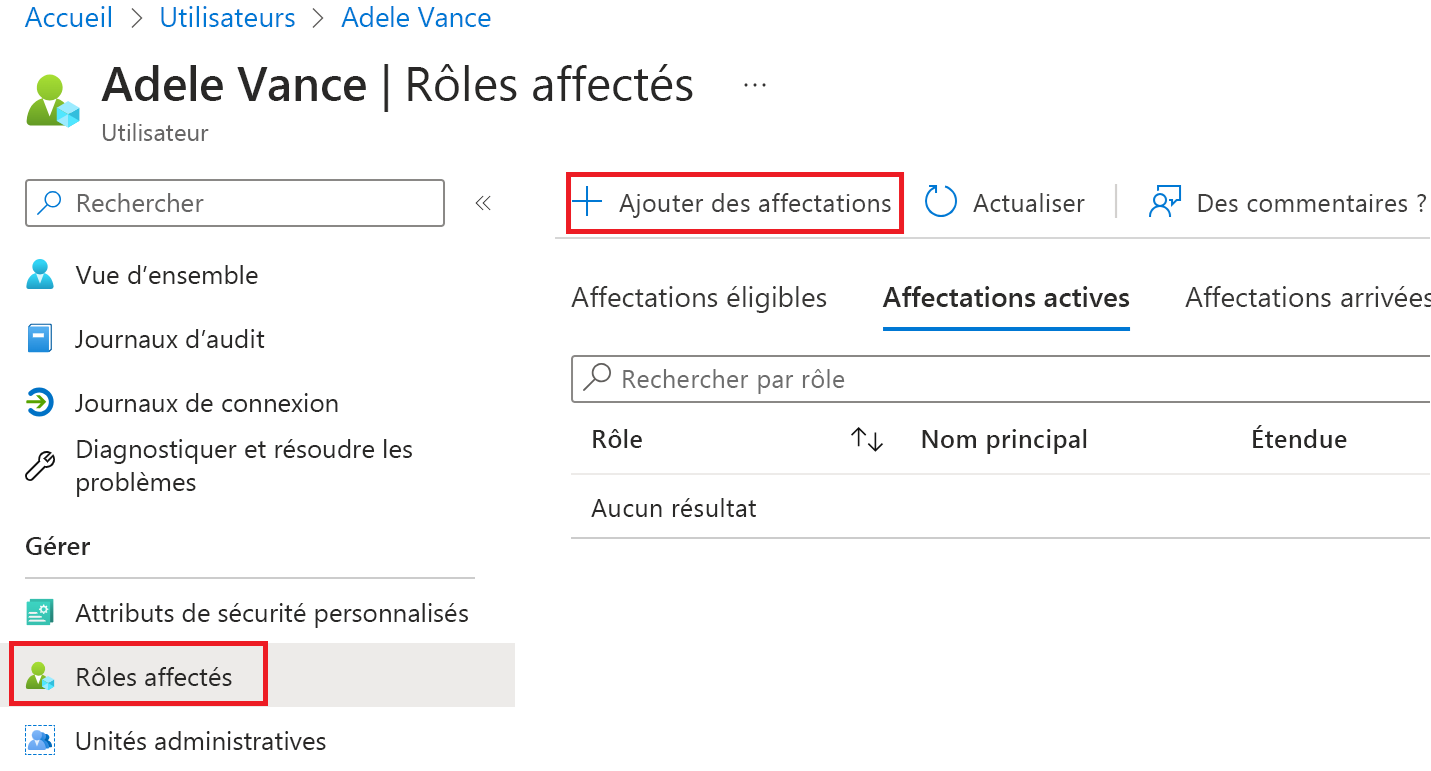 Capture d’écran de la page Rôles affectés d’Adele Vance.