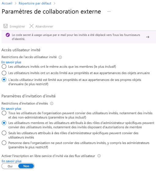 Capture d’écran de la boîte de dialogue de gestion des paramètres des utilisateurs externes de Microsoft Entra ID.