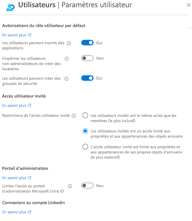 Capture d’écran des paramètres utilisateur de Microsoft Entra ID, où des autorisations peuvent être restreintes.