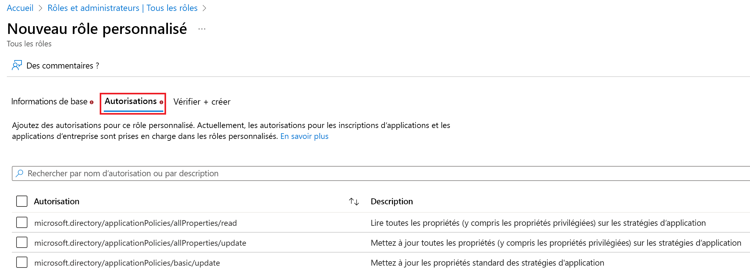 Capture d’écran de Sélectionner les autorisations pour un rôle personnalisé sous l’onglet Autorisations.