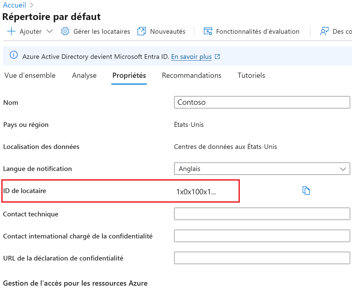 Capture d’écran de la page propriétés Abonné avec la zone ID d’abonné mise en surbrillance.