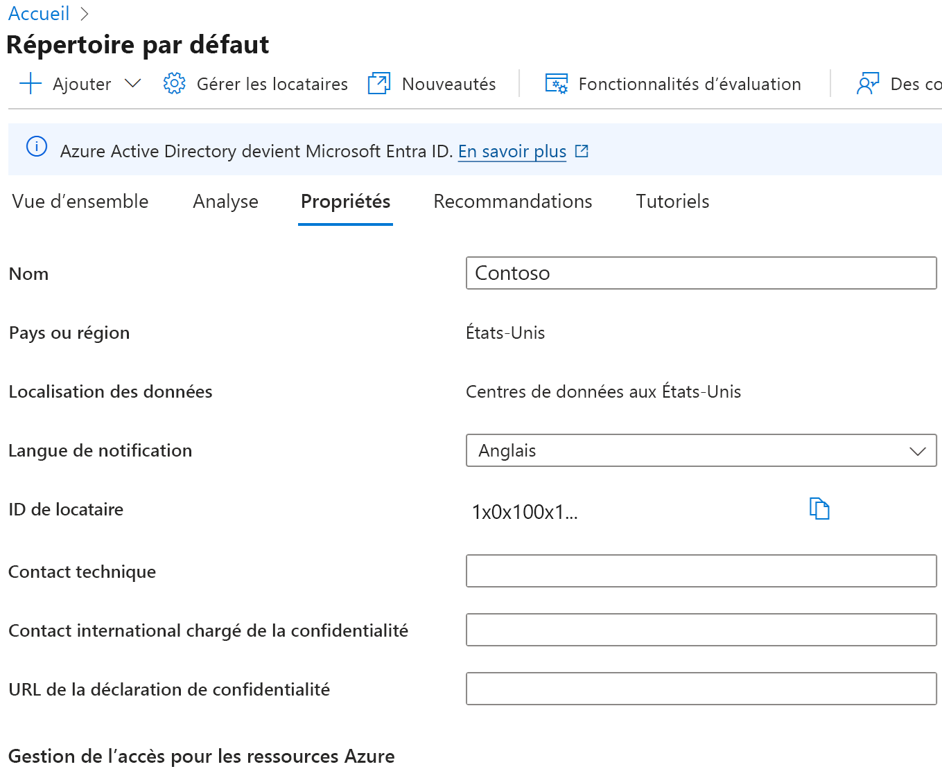 Capture d’écran des propriétés de l’abonné avec les boîtes Contact technique, Contact global, Déclaration de confidentialité mises en surbrillance.