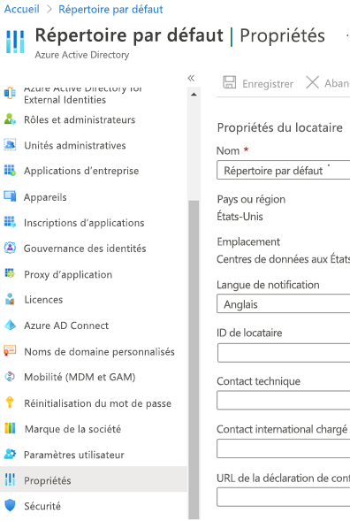 Capture d’écran de la boîte de dialogue Propriétés de Microsoft Entra ID. Configurez la définition de votre locataire.