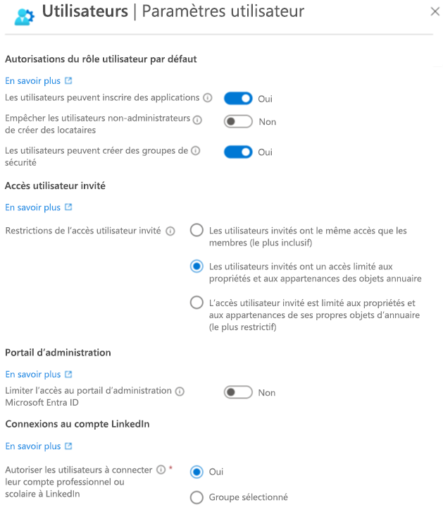 Capture de l’écran Paramètres utilisateur dans Microsoft Entra ID. Utilisez-le pour configurer ce que les utilisateurs peuvent faire.