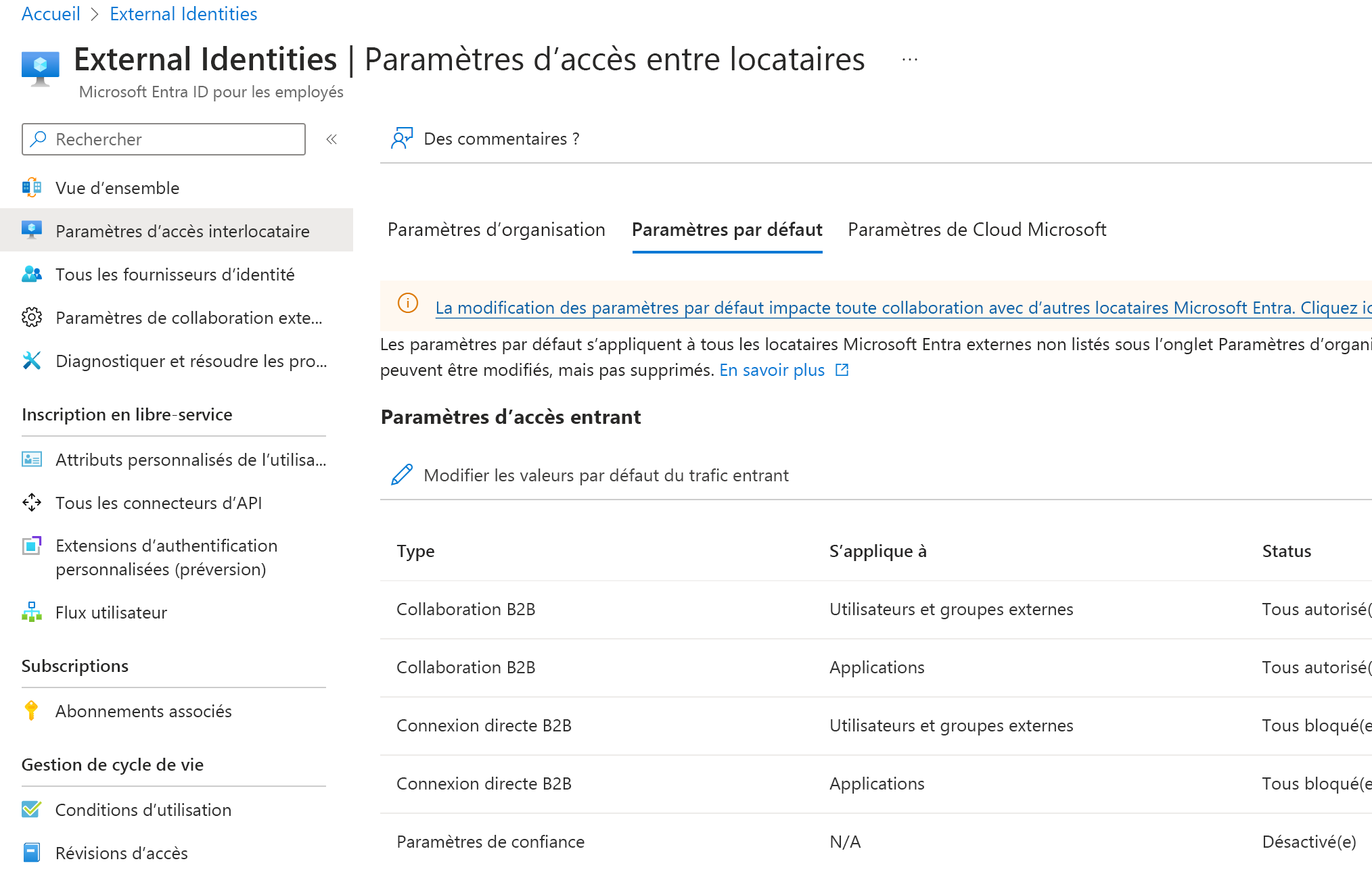 Capture d’écran de la boîte de dialogue de contrôles d’accès interlocataires des identités externes Microsoft Entra ID. Configurer l’accès entrant et sortant.