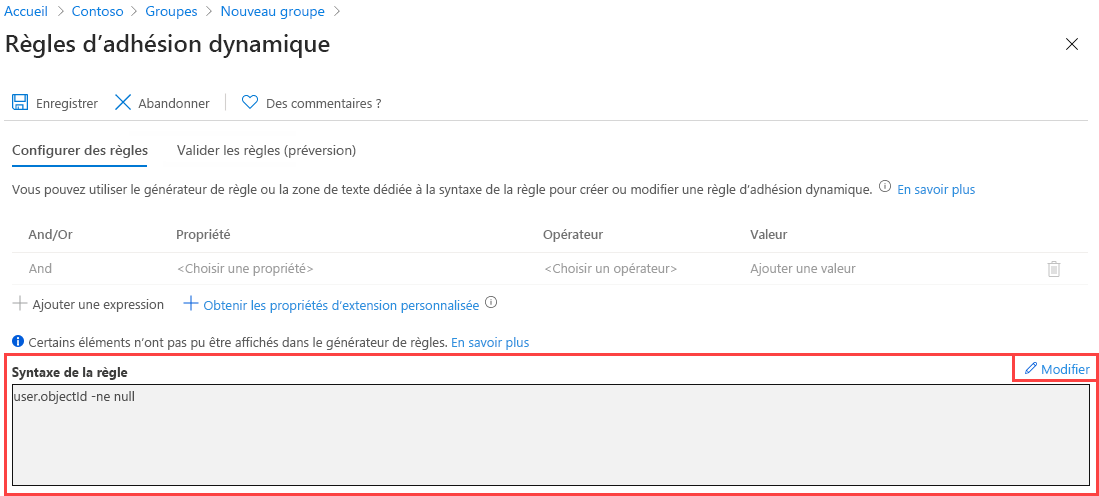 Capture d’écran de l’écran de règles d’appartenance de groupe dynamique avec la syntaxe de règle mise en surbrillance. Existe dans Microsoft Entra ID.