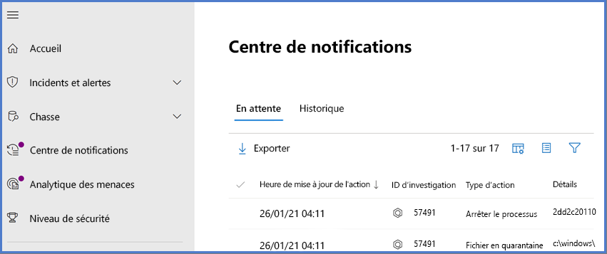 Screenshot of the Microsoft Defender XDR Action center.