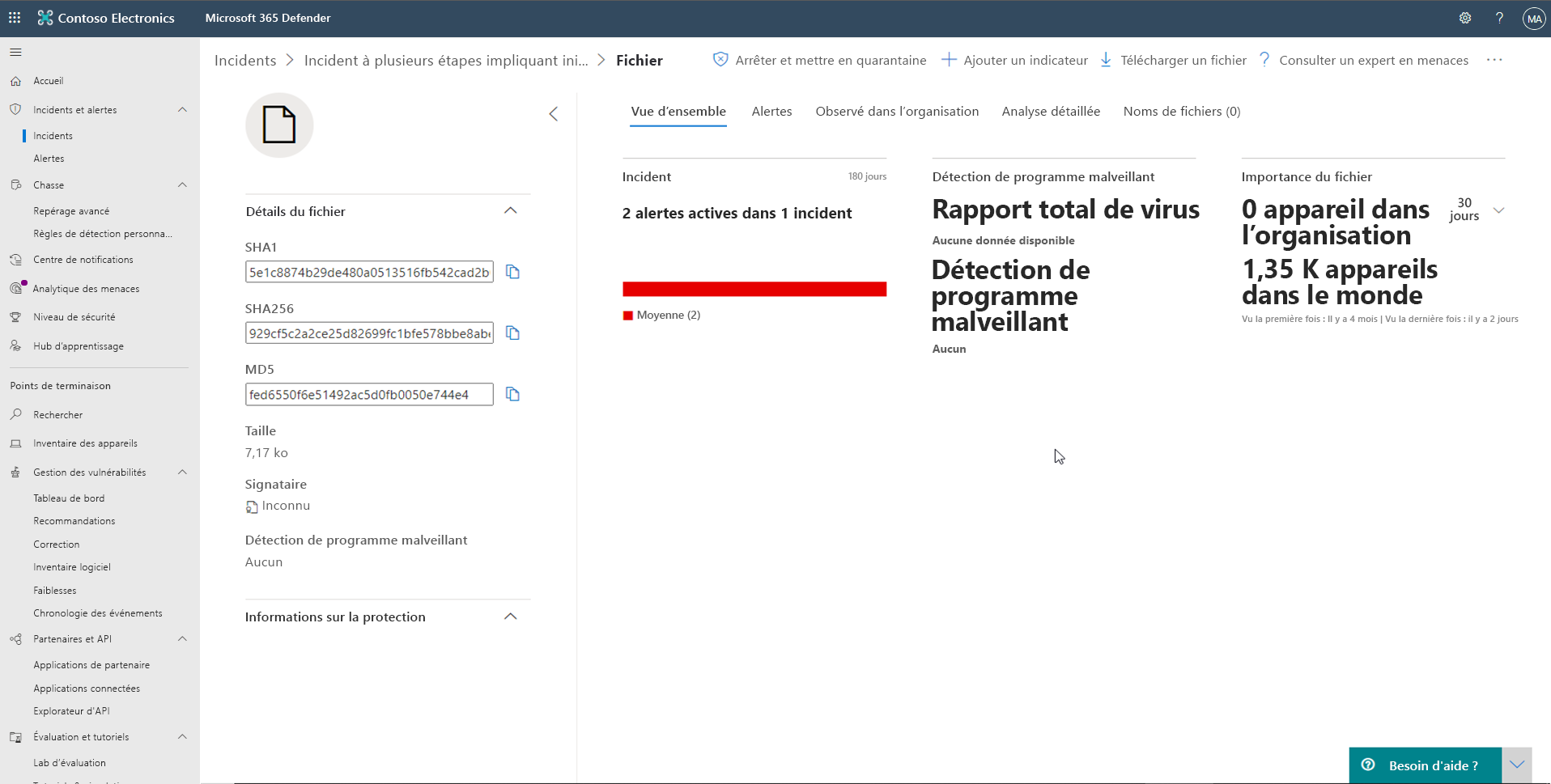 Screen shot of the Microsoft Defender for Endpoint File page information.