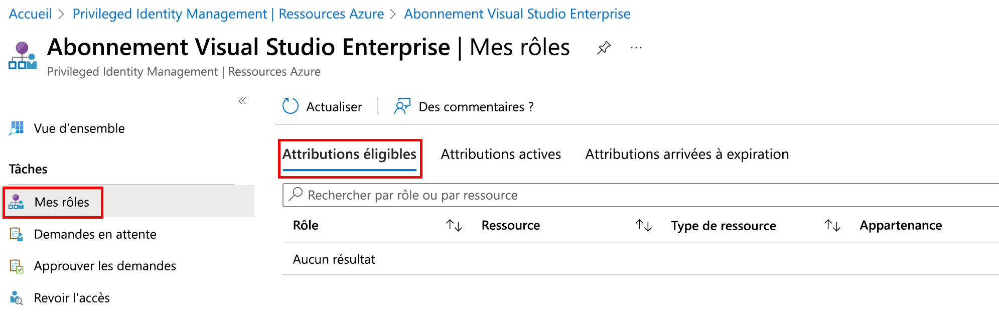 Screenshot of the My roles with eligible role assignments highlighted. Pick the role you need.