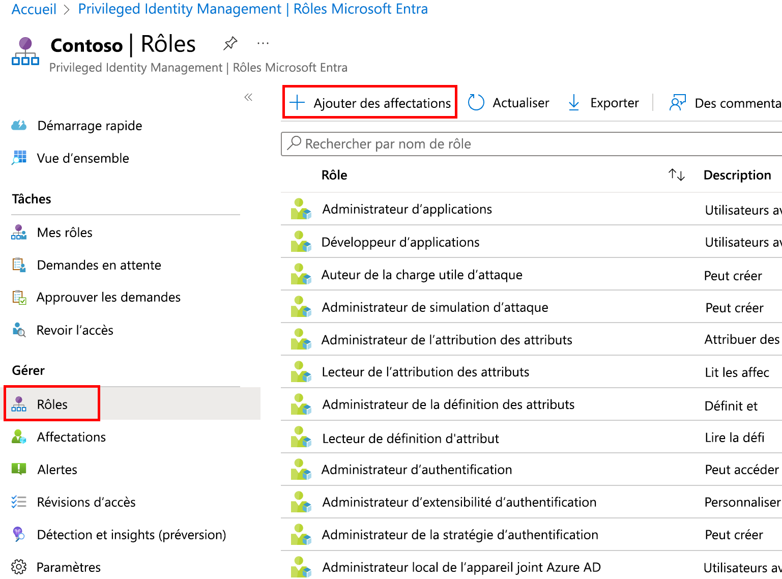 Screenshot of the Microsoft Entra roles with Add assignments menu highlighted.