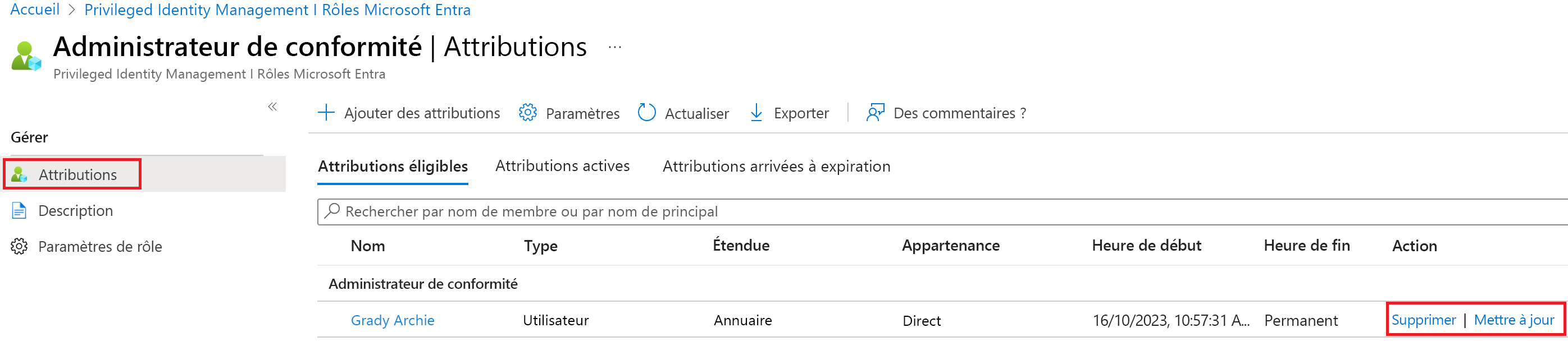 Screenshot of the options listed in the action column of the Compliance Administrator.