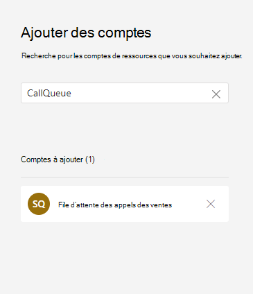 Capture d’écran de l’ajout d’un compte de ressource à une file d’attente d’appels.