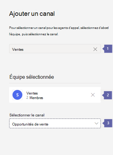 Capture d’écran montrant les options d’ajout d’une file d’attente d’appels basée sur un canal