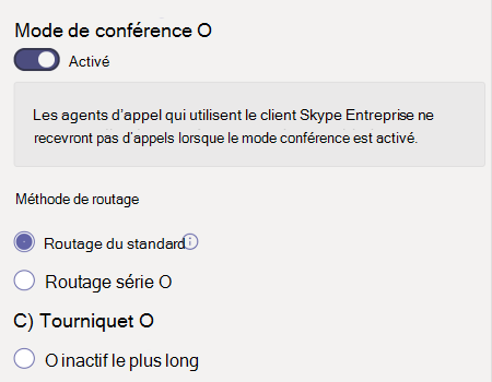 Capture d’écran des paramètres du mode de conférence et de la méthode de routage